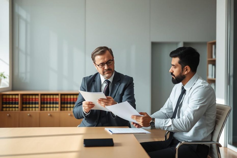 discusión en una oficina privada de un abogado y un empleado