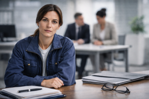 Mujer en oficina, concentración y profesionalismo