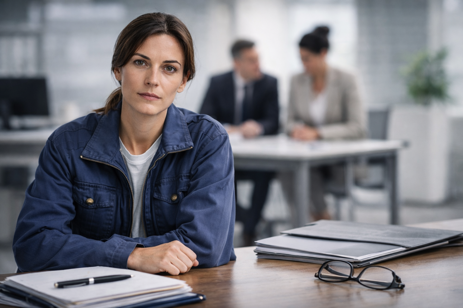 Mujer en oficina, concentración y profesionalismo