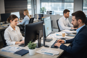 plantilla mixta de hombres y mujeres trabajando en una oficina